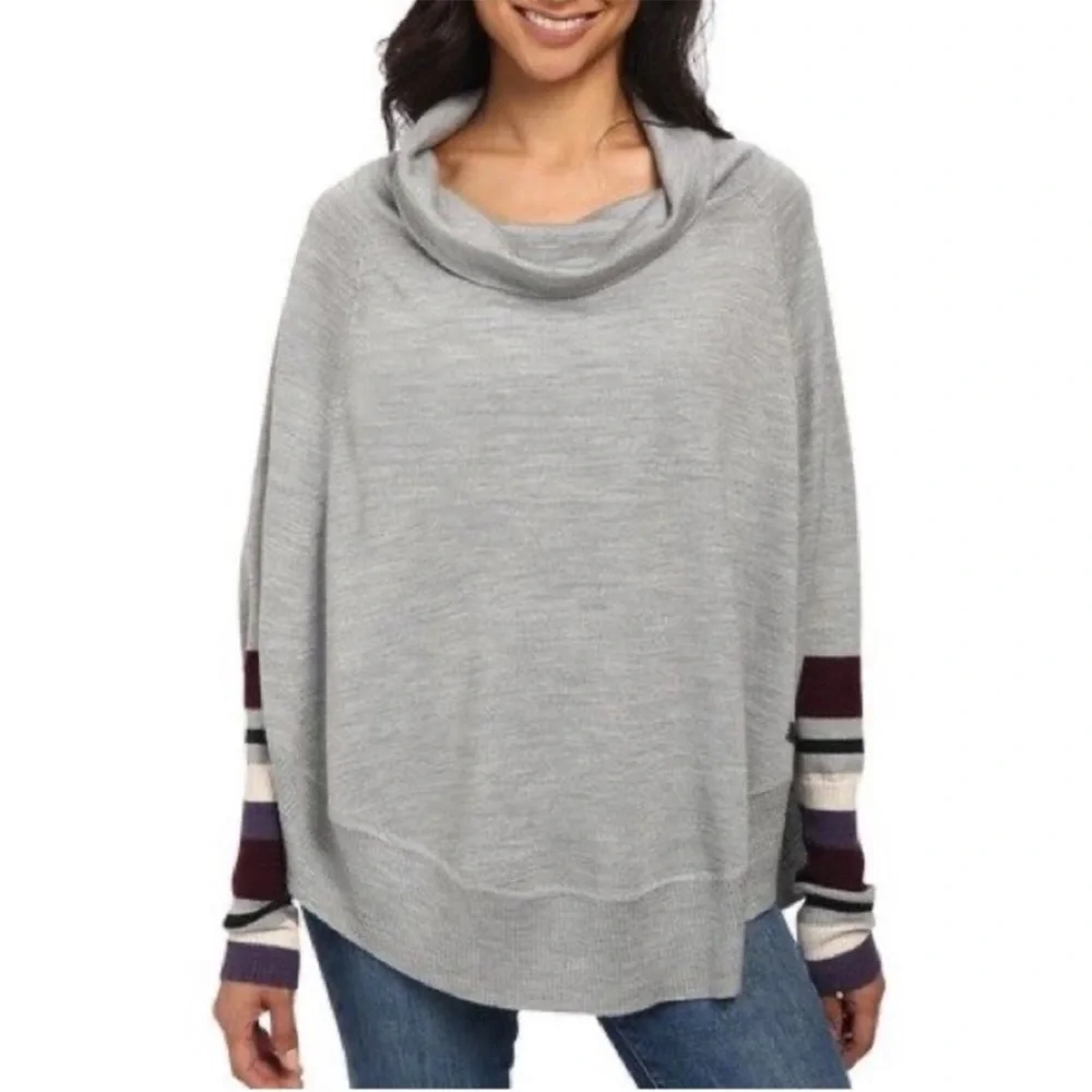 Smartwool Nokoni Poncho Sweater Cowl Neck Striped Rib Sleeves Gray Size L/XL